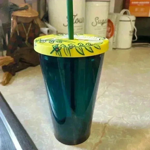 Starbucks 16 oz grande cold cup tumbler Sumatra tiger lid yellow green - Picture 2 of 3